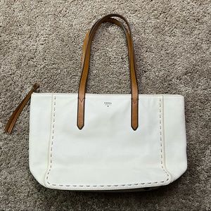 Fossil Cream Zippered Tote Bag Purse Large Cowhide Leather Sydney Shopper